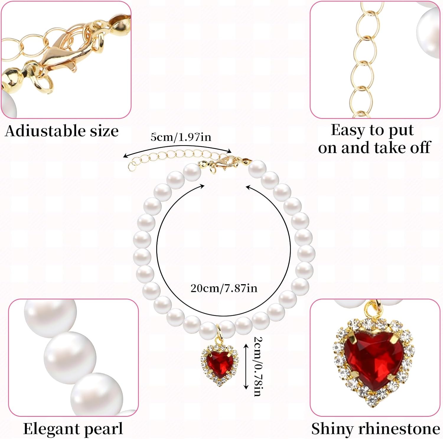 Close up view of the high quality imitation pearls and sparkling heart rhinestone on the cat collar