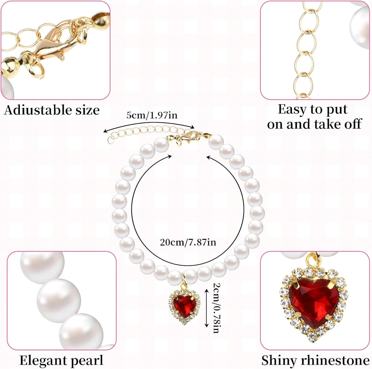 Close up view of the high quality imitation pearls and sparkling heart rhinestone on the cat collar
