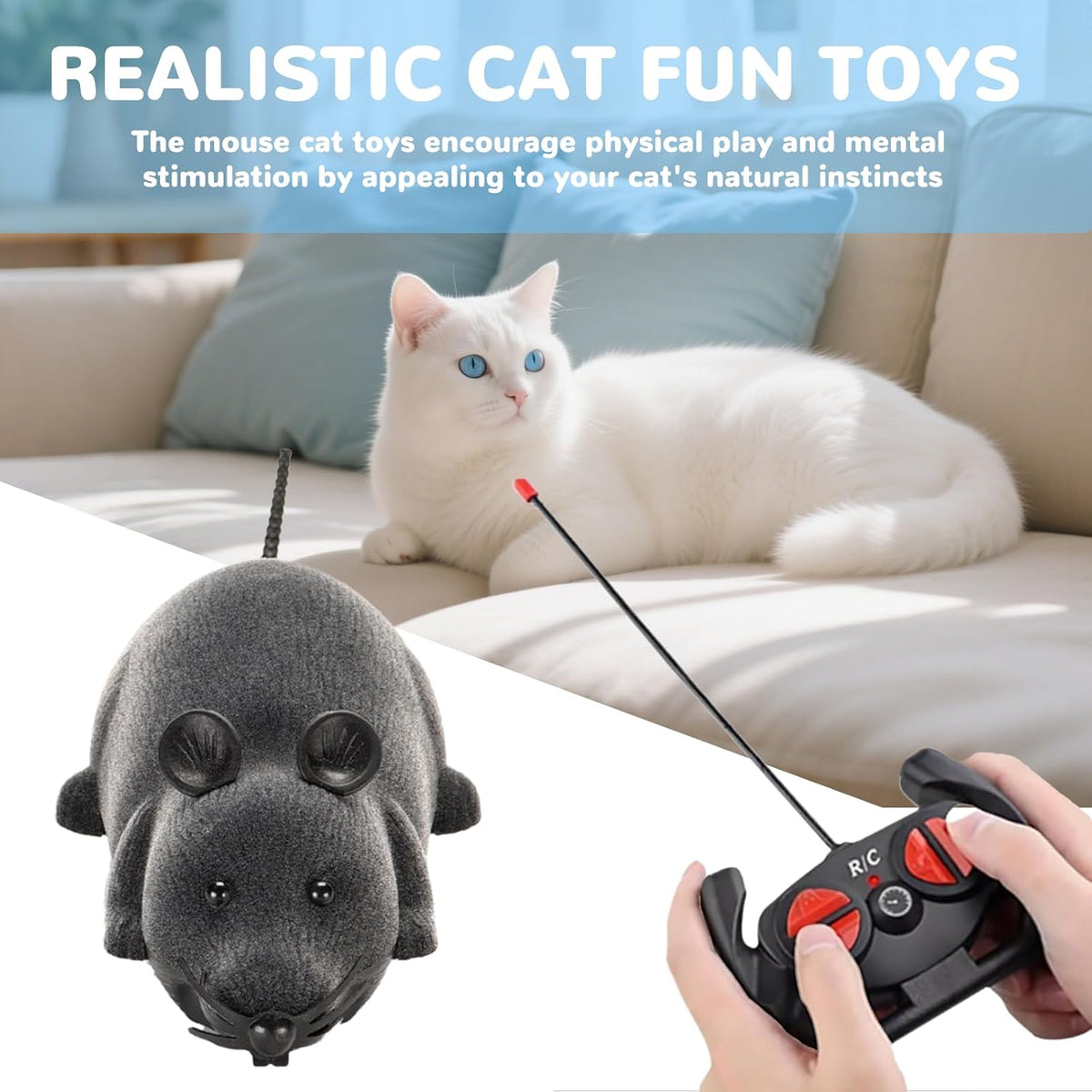 Pixibond wireless fake rat joke prank toy top view showcasing gray flocking texture finish