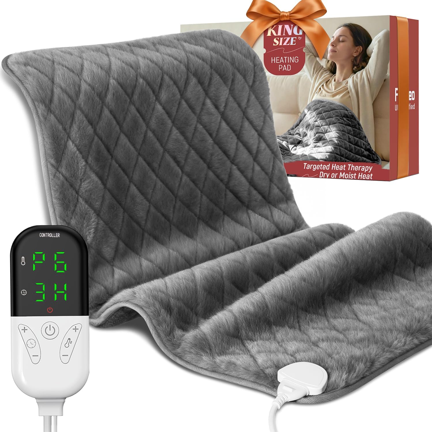 Focbeo electric heating pad front view showing dark grey velvet cotton material and digital controller cord