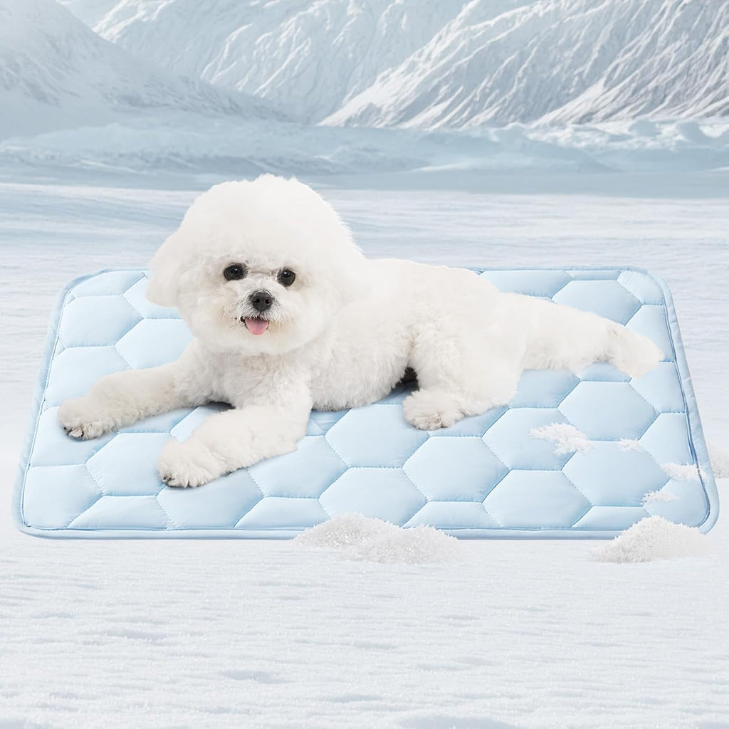 EHEYCIGA dog cooling mat front view showing the blue hexagonal quilted fabric pattern on the floor.