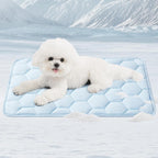 EHEYCIGA dog cooling mat front view showing the blue hexagonal quilted fabric pattern on the floor.