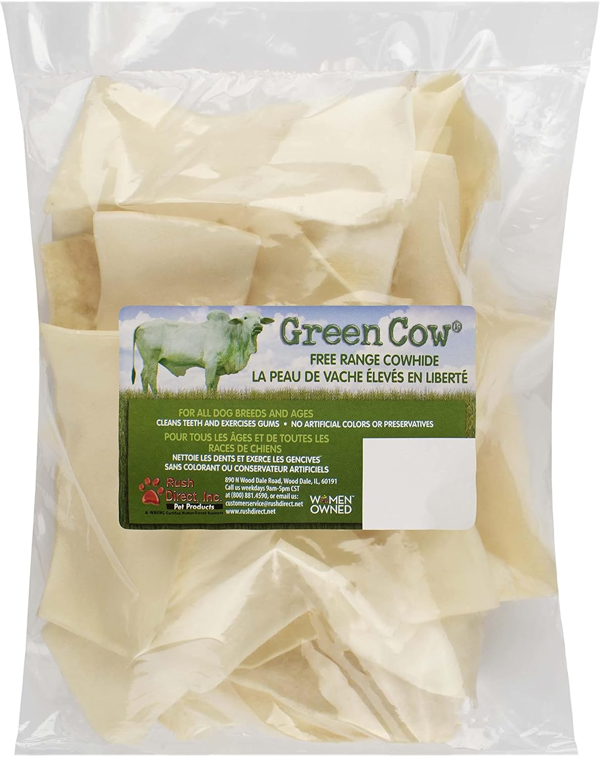 Side view of GreenCow thick cut rawhide chips package displaying nutritional integrity.