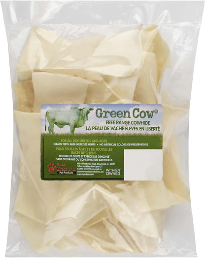 Side view of GreenCow thick cut rawhide chips package displaying nutritional integrity.