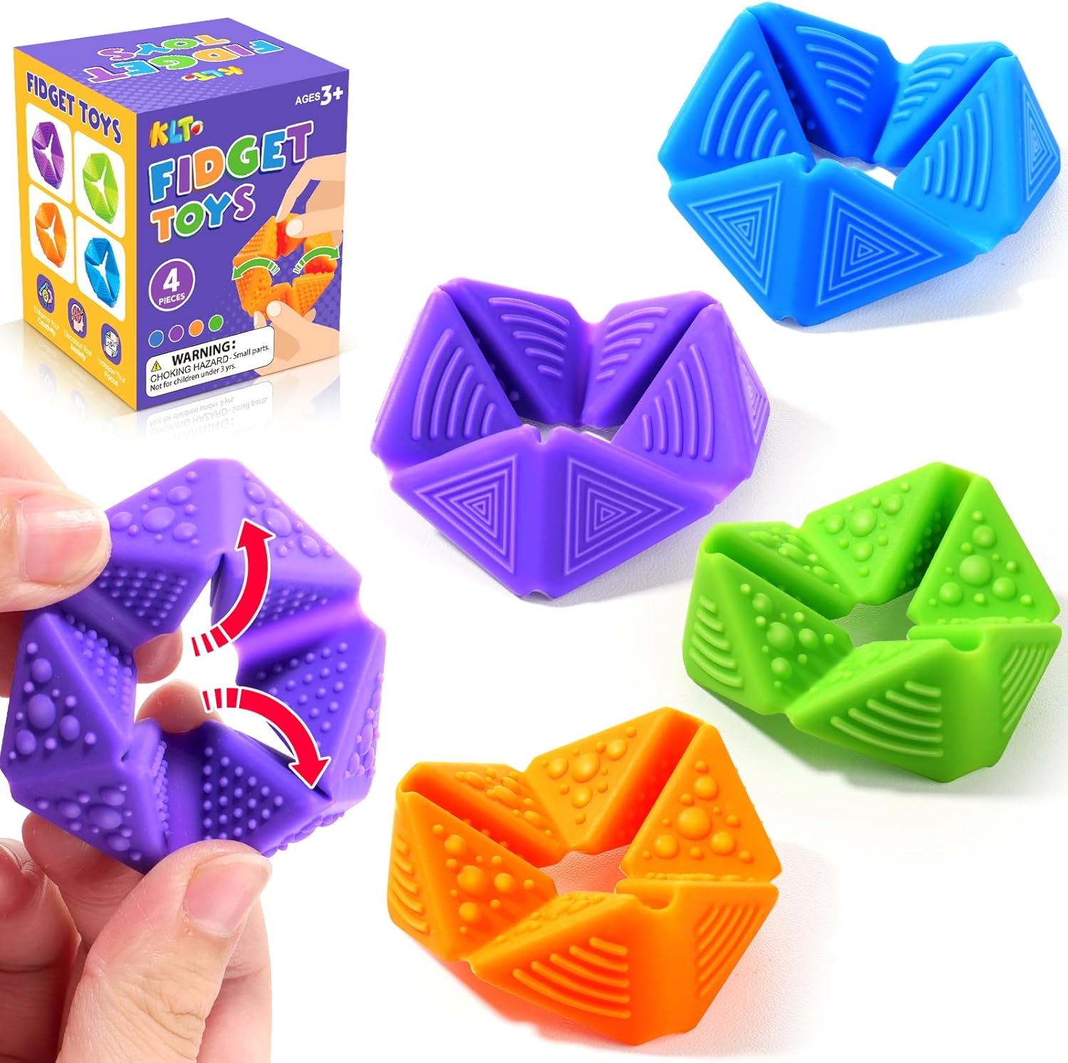 KLT Quiet Silicone Sensory Flip Cube front view showing purple and blue textured surfaces