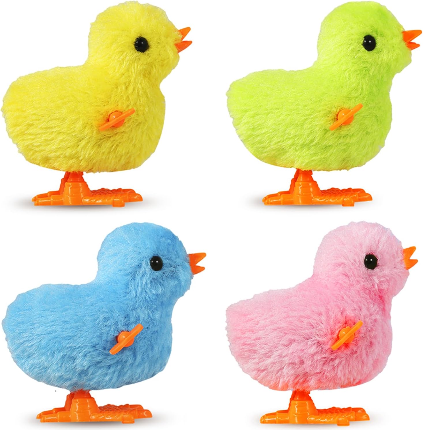 Auvitaya Easter wind up chicken toys front view showing four colorful plush jumping animals.