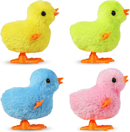 Auvitaya Easter wind up chicken toys front view showing four colorful plush jumping animals.