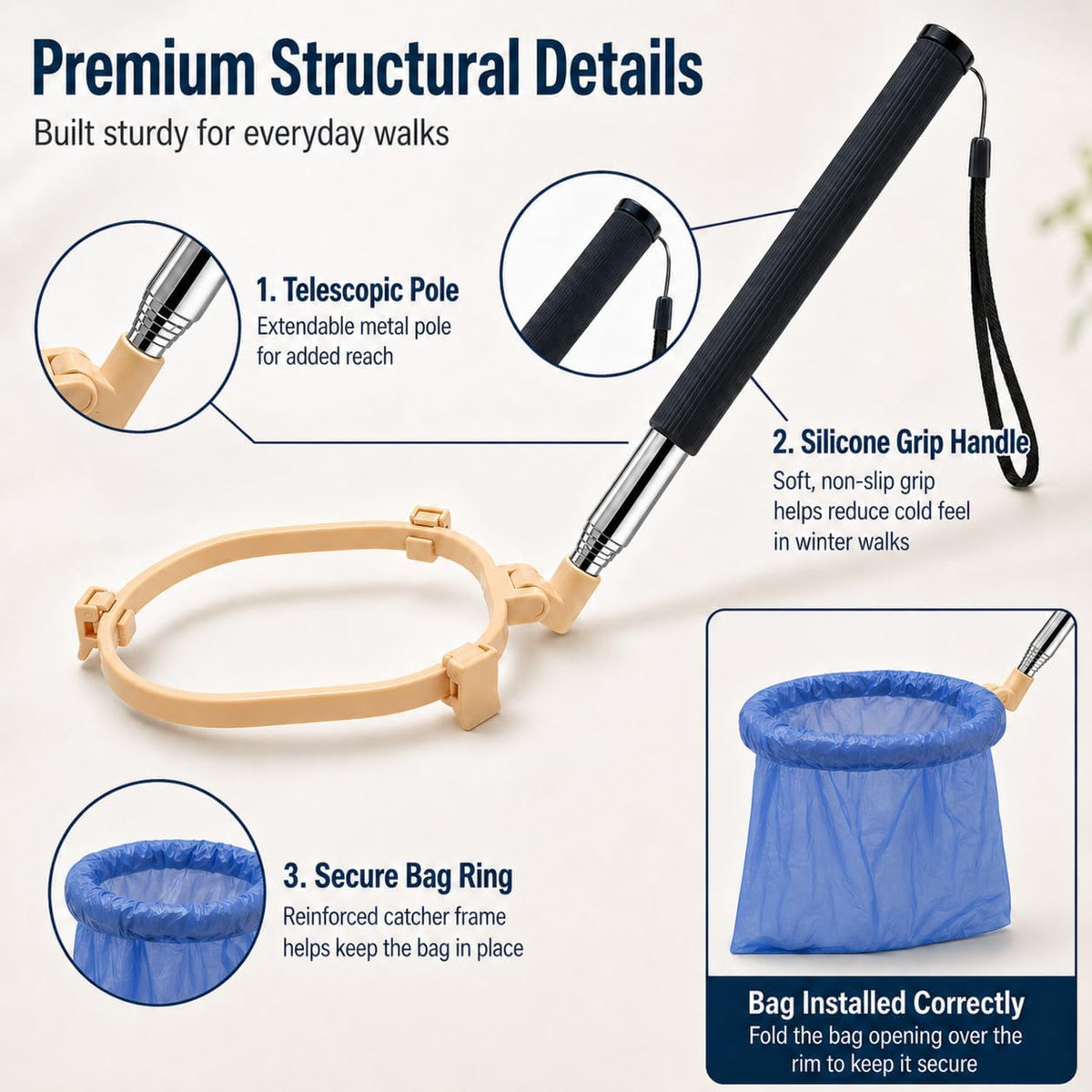 Durable stainless steel rod dog scooper picking up waste on a lawn surface.