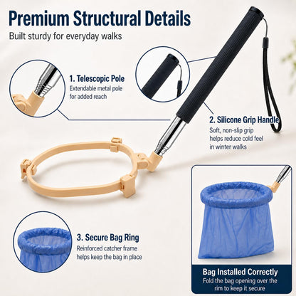 Durable stainless steel rod dog scooper picking up waste on a lawn surface.