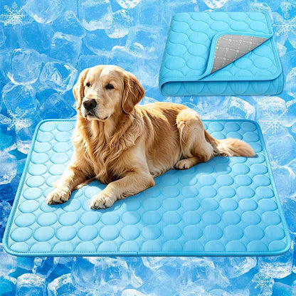 MeiLiMiYu dog cooling mat front view displaying blue ice silk surface