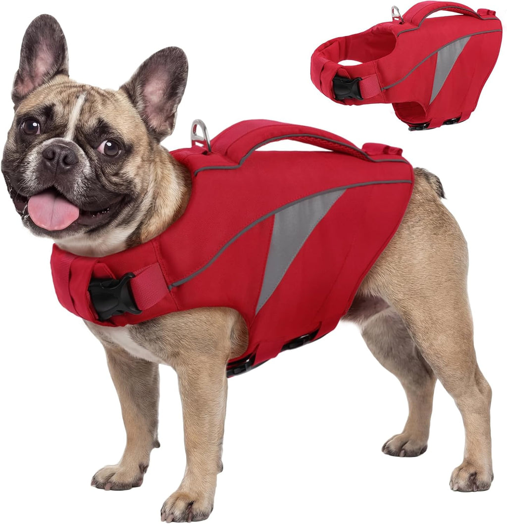 Queenmore dog life preserver back view showing heavy duty leash D ring.