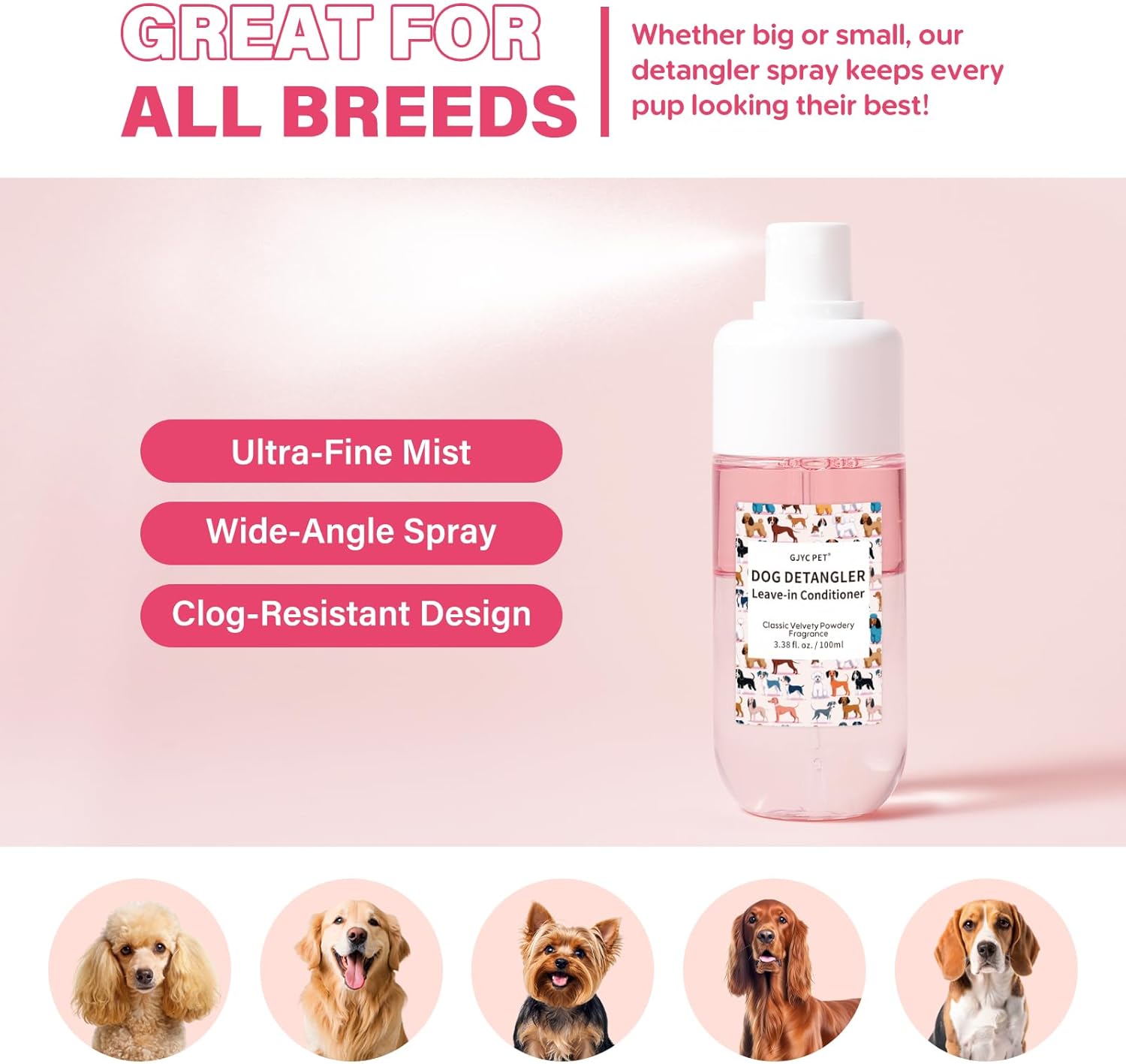 Compact 100ml pet leave in conditioner spray bottle ideal for home grooming and travel.