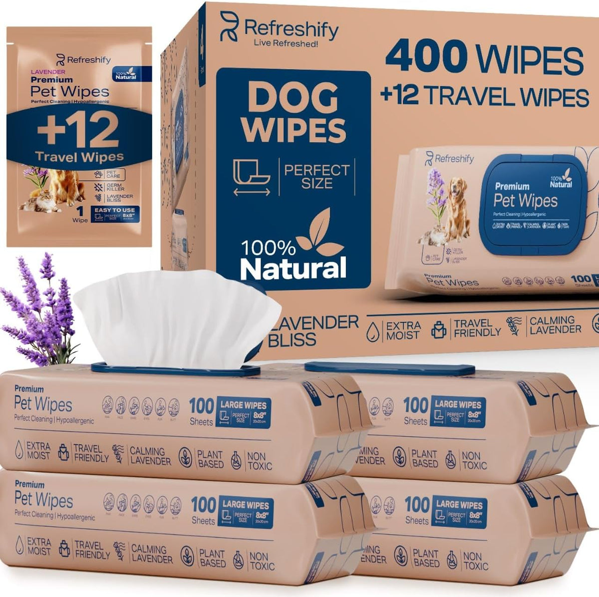 Refreshify plant based pet wipes front view packaging showing lavender scent details.