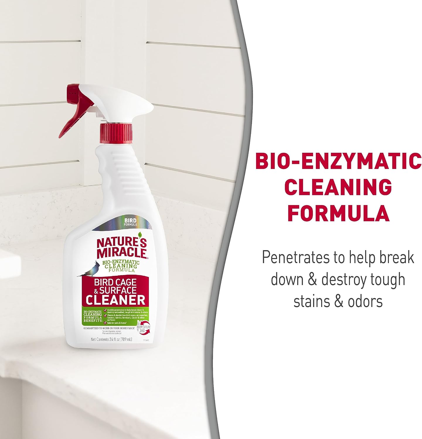 Nature's Miracle bird habitat and tray cleaner spray container showing close up of ergonomic trigger nozzle