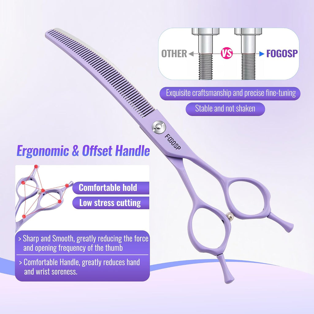 FOGOSP purple curved dog grooming scissors showing the precise downward curve