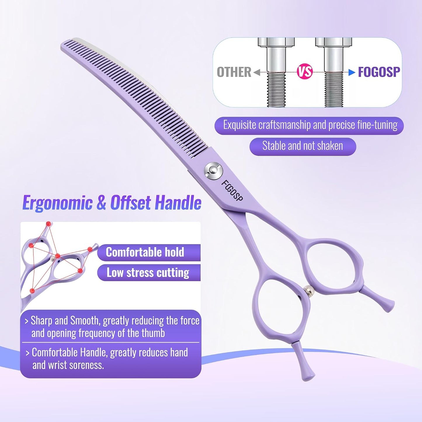 FOGOSP purple curved dog grooming scissors showing the precise downward curve