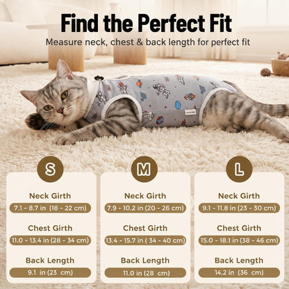 Cat using litter box while wearing Avont post-op bodysuit