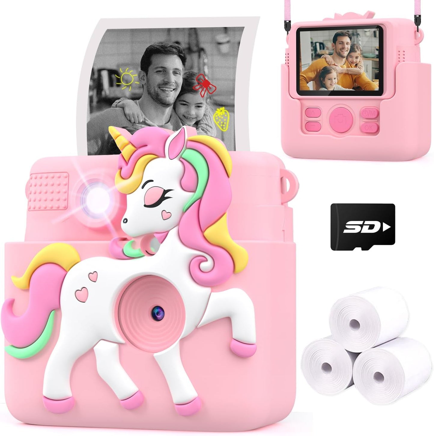 Careenoah kids instant print camera front view in pink unicorn silicone cover