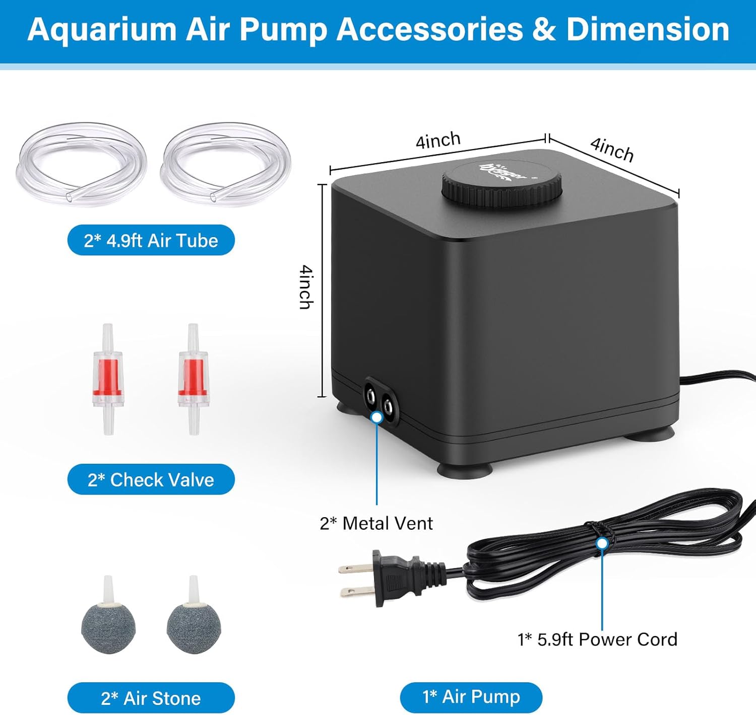 Hygger dual outlet air pump showing stainless steel ports