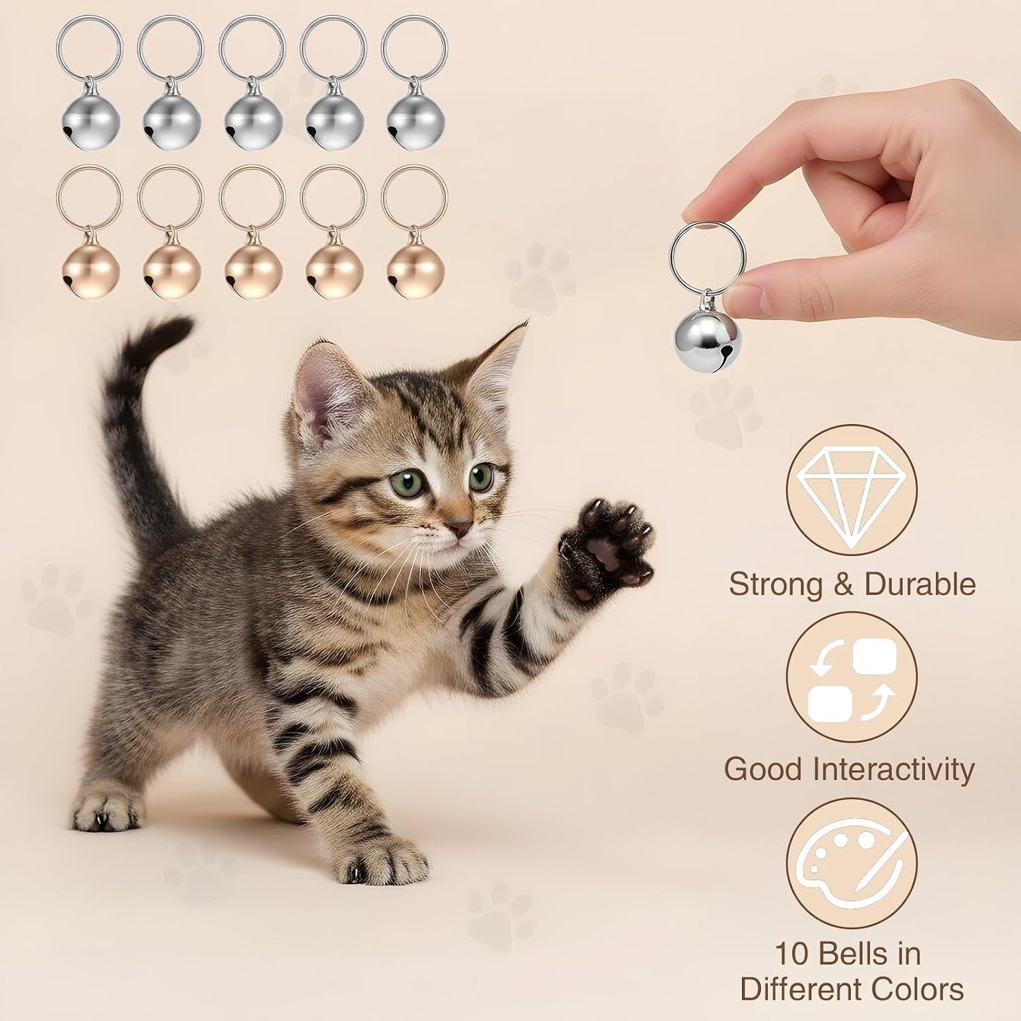 Five gold and five silver metallic pet bells arranged neatly on a clean surface