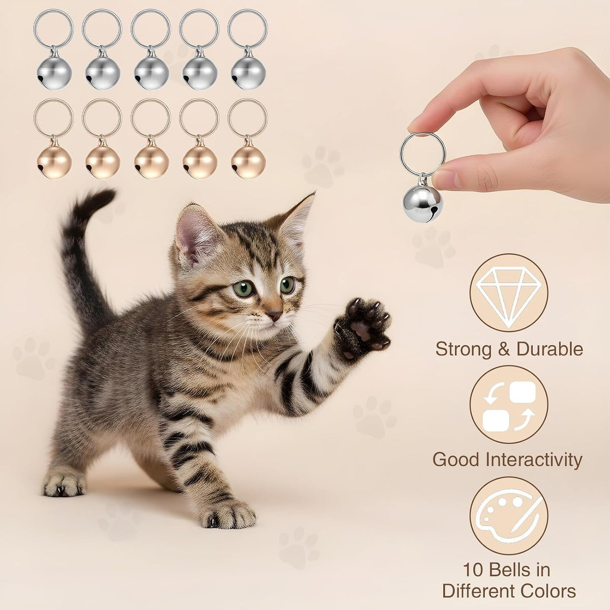 Five gold and five silver metallic pet bells arranged neatly on a clean surface