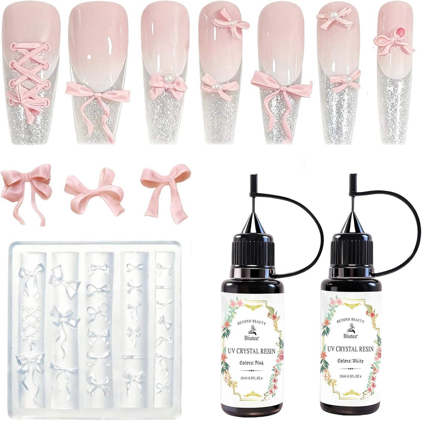 WENEWFINE bowknot silicone nail molds front view showing transparent multi-size cavities for 3D nail art.