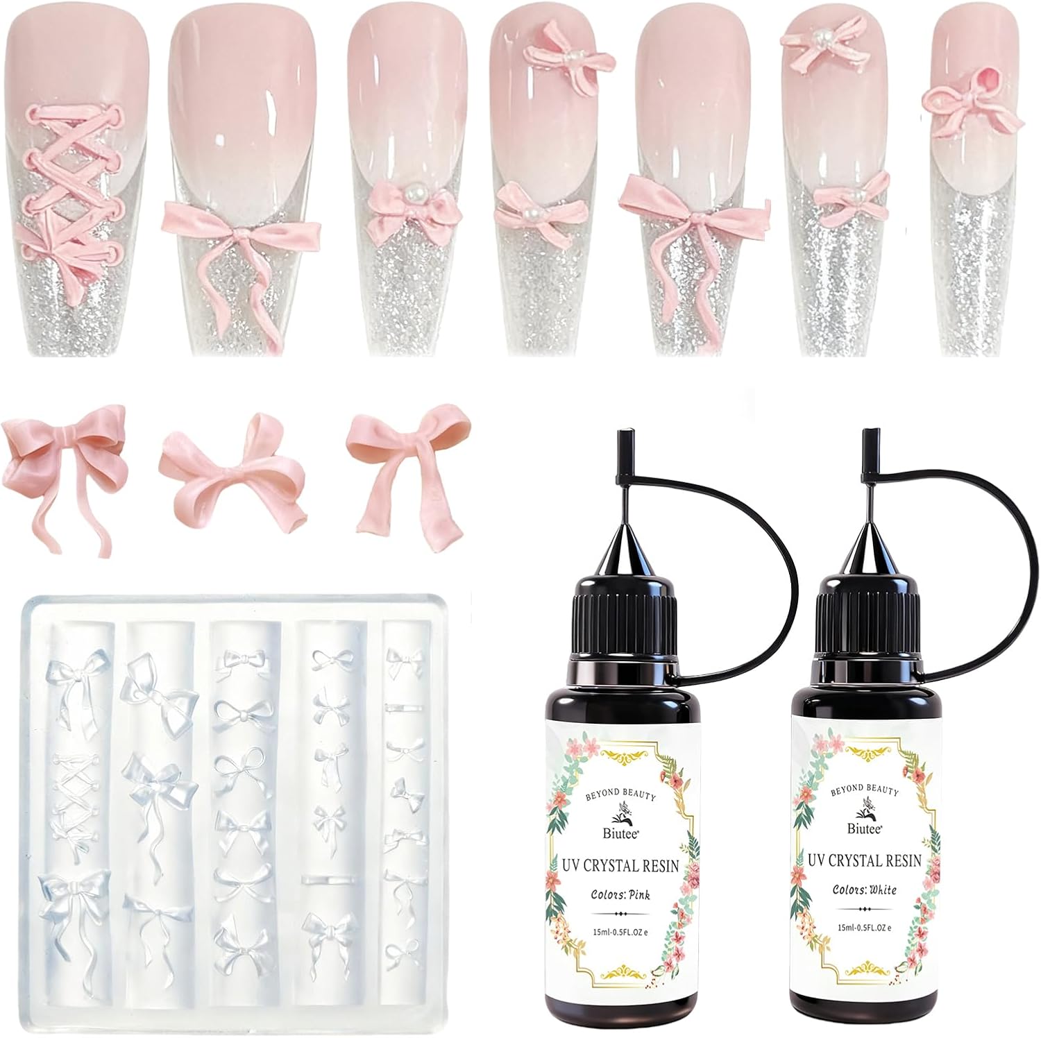 WENEWFINE bowknot silicone nail molds front view showing transparent multi-size cavities for 3D nail art.