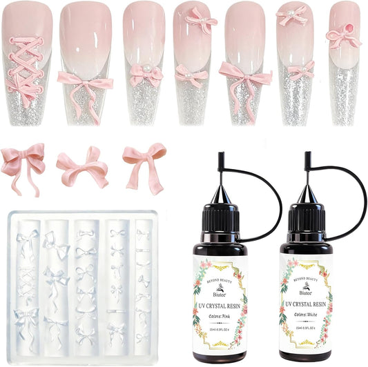 WENEWFINE bowknot silicone nail molds front view showing transparent multi-size cavities for 3D nail art.