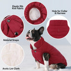 Side profile of red Asenku dog jacket with fleece lining