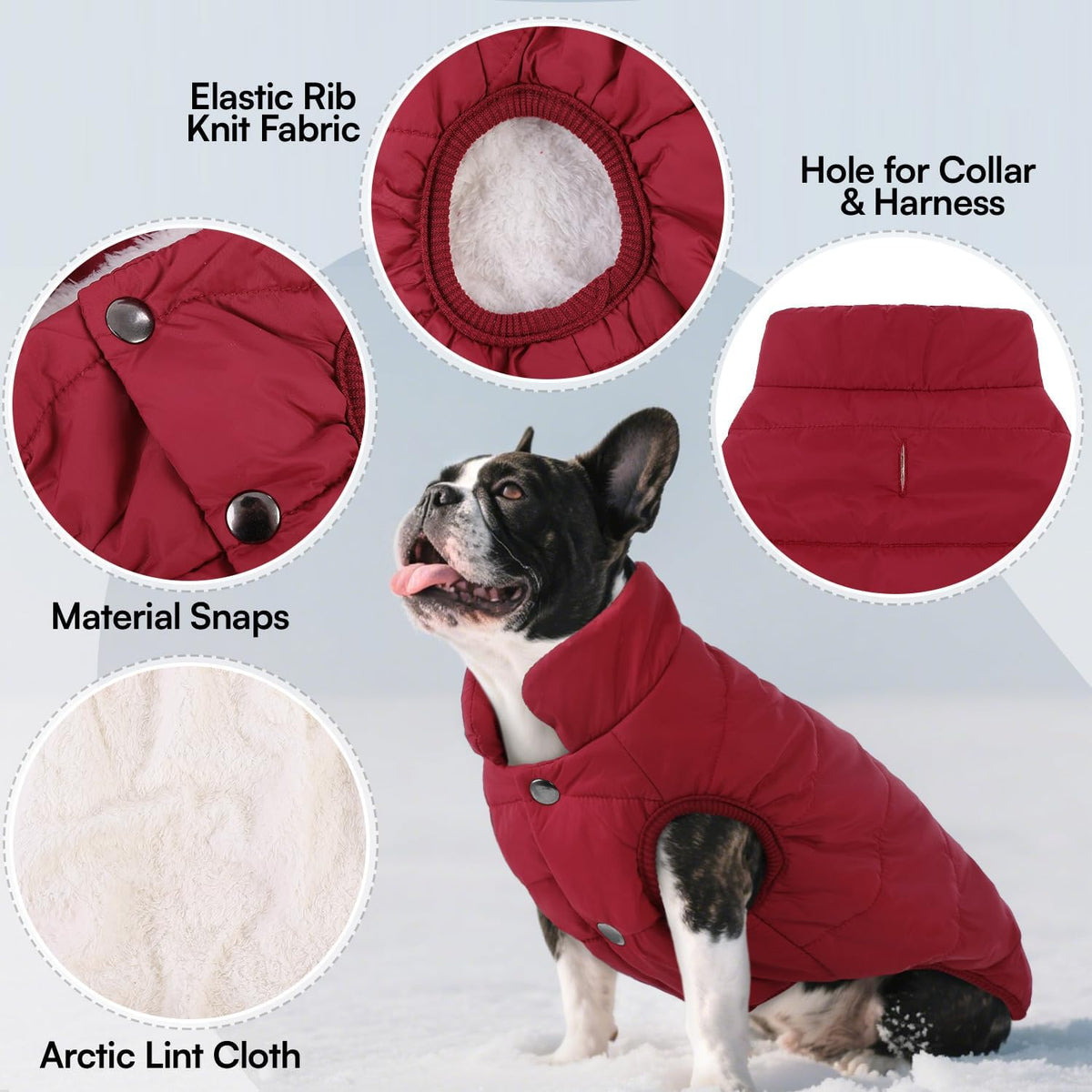 Side profile of red Asenku dog jacket with fleece lining