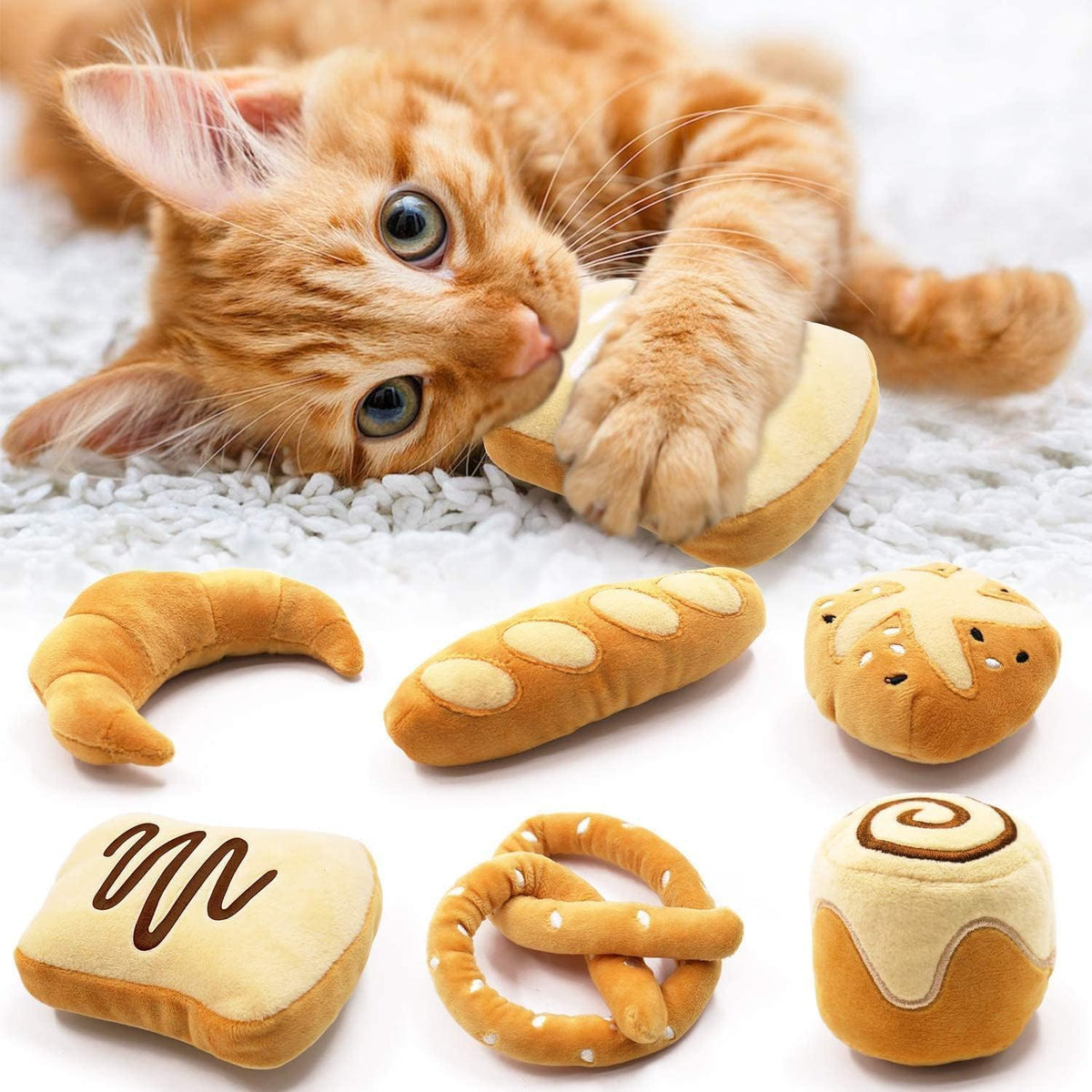 CiyvoLyeen bread catnip toys front view showing all six plush items