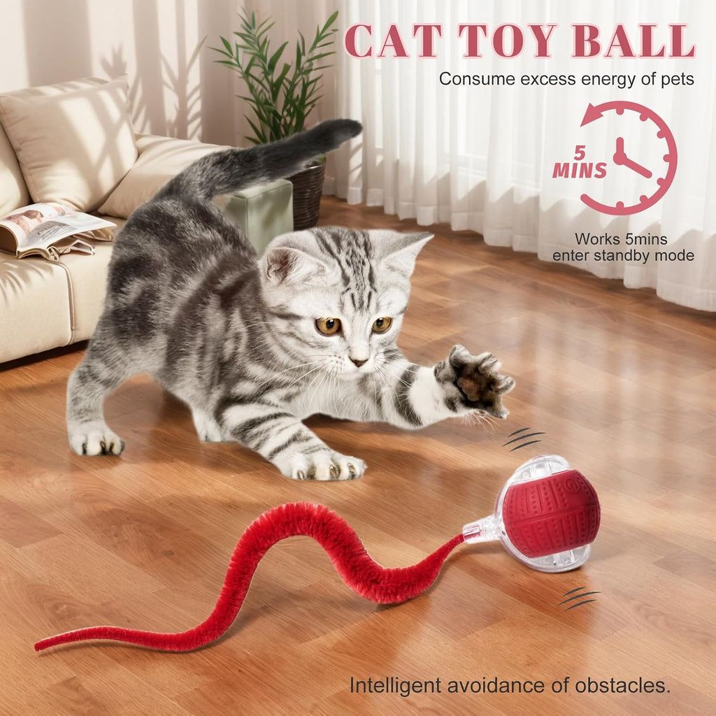 Side view of Nvted rolling cat toy with fluffy tail accessory