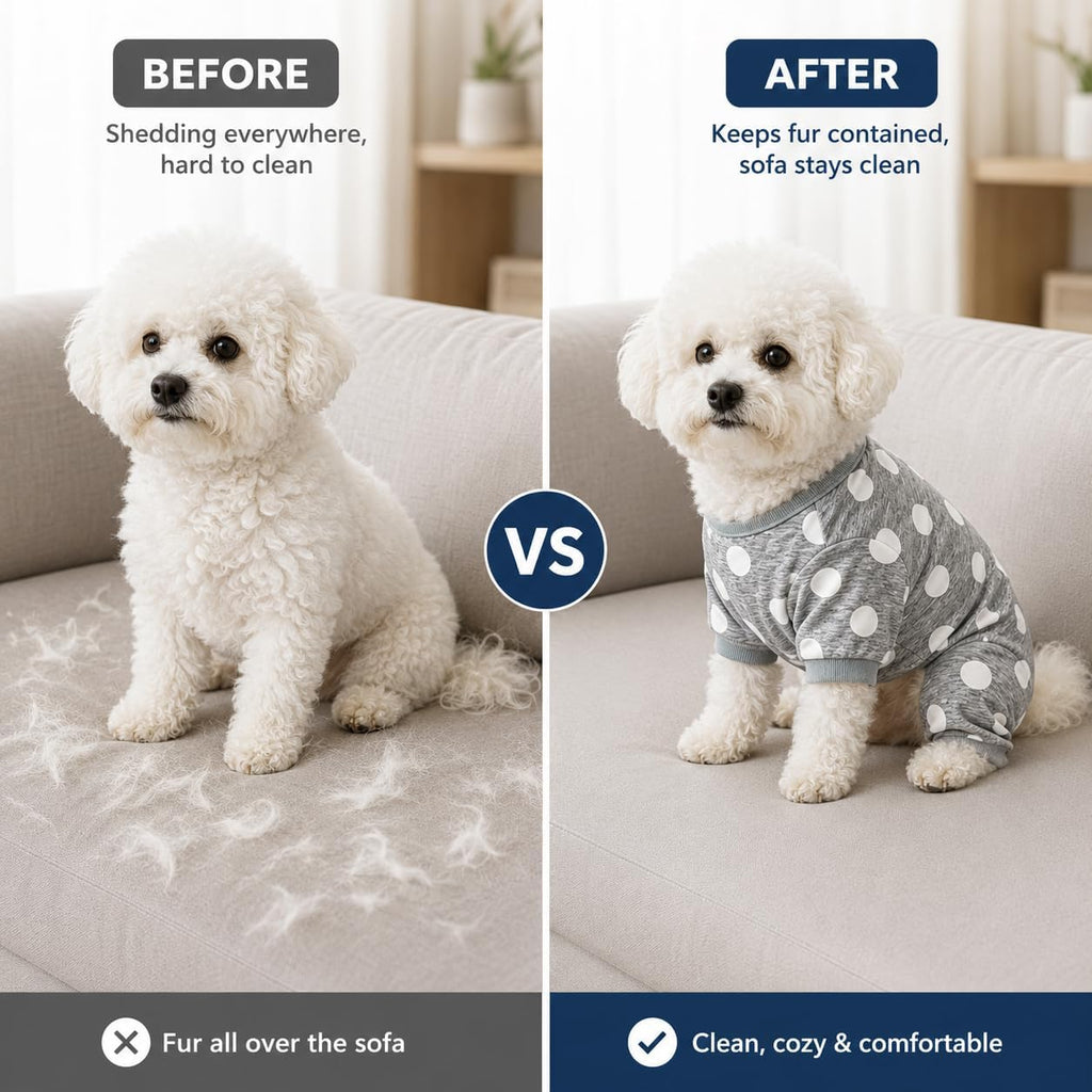 Small dog wearing Axxlern recovery suit for anxiety relief