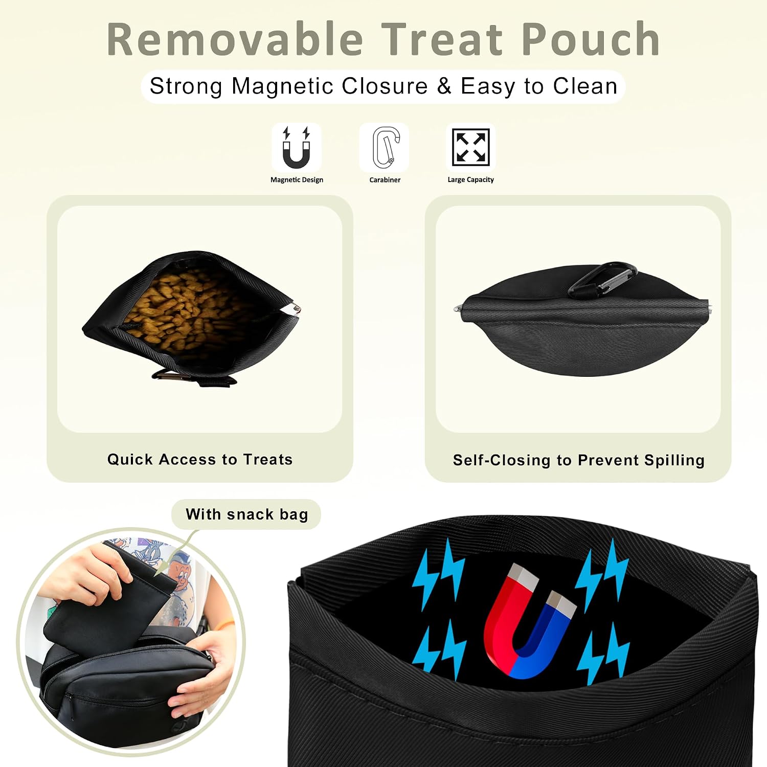 JRQCSJY dog walking bag open view showcasing the inner removable treat pouch with magnetic closure.
