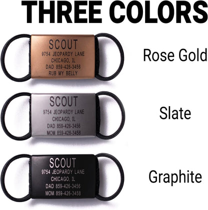 ROAD iD personalized pet slate fitted securely on a colorful dog collar.