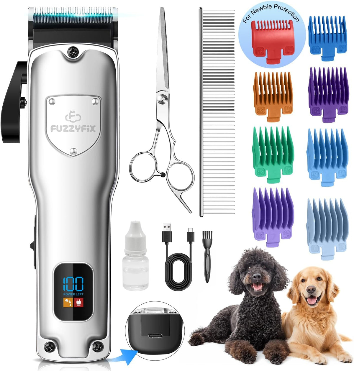 FuzzyFix SilverStream dog grooming clippers front view showing metal body and blade