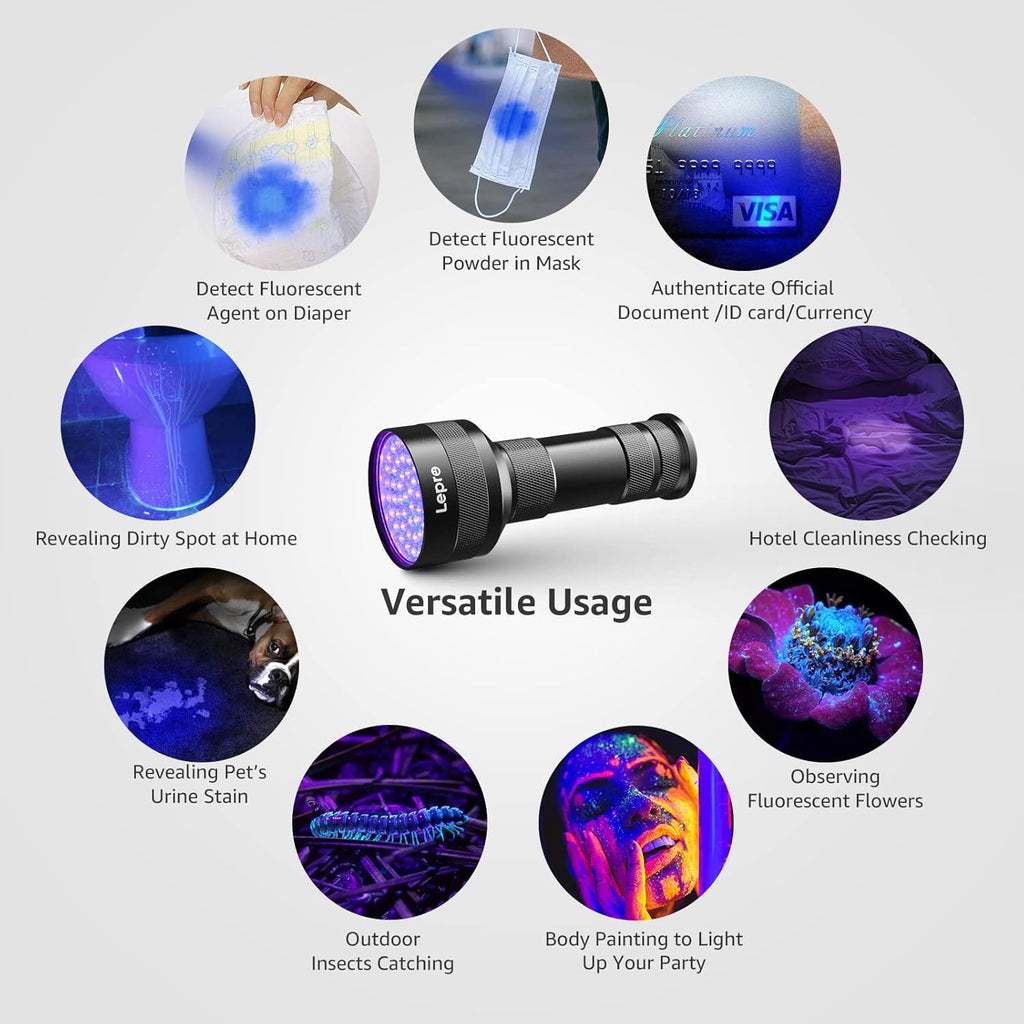 Lepro black light torch detecting security watermark markings on documents in the dark.