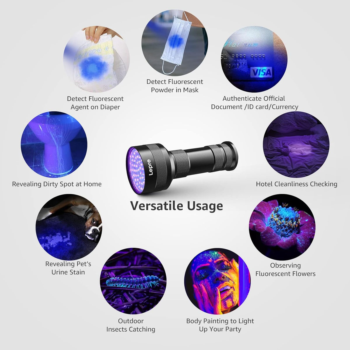 Lepro black light torch detecting security watermark markings on documents in the dark.