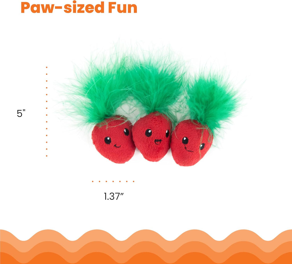 Premium catnip filled strawberry toys with crinkle material elements for sensory feline play.