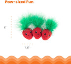 Premium catnip filled strawberry toys with crinkle material elements for sensory feline play.