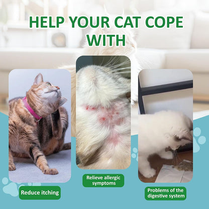 Carmelie feline allergy remedy bottle showing the main ingredients including colostrum probiotics and omega three.