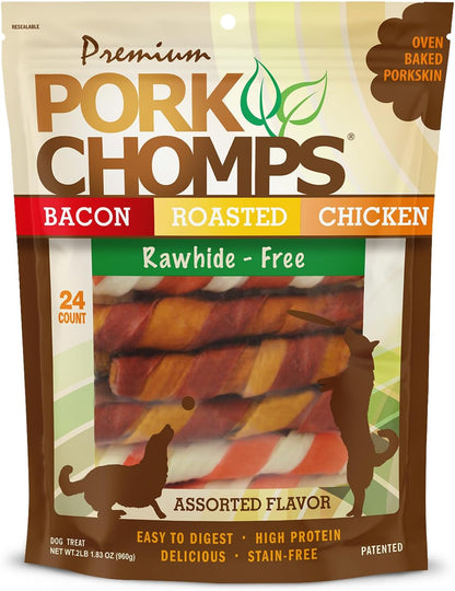Safe rawhide alternative Pork Chomps twisted sticks showing authentic quality seal