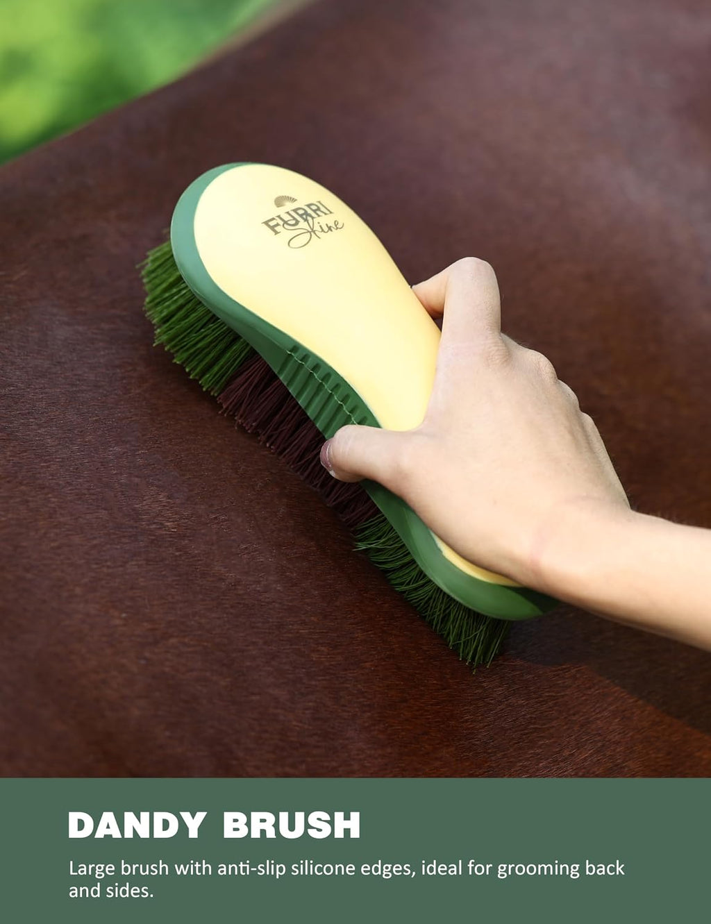Side angle view of the complete Furrishine nine piece horse brush set highlighting the durable construction and pasture glow design.