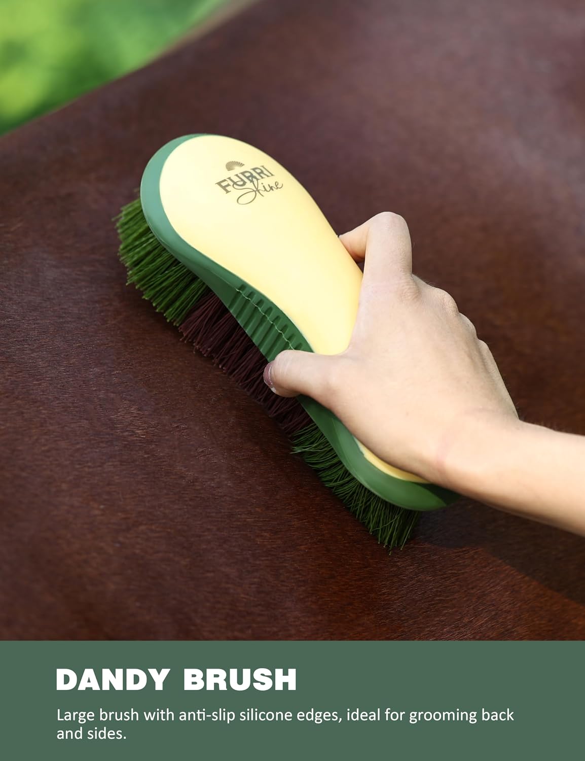 Side angle view of the complete Furrishine nine piece horse brush set highlighting the durable construction and pasture glow design.
