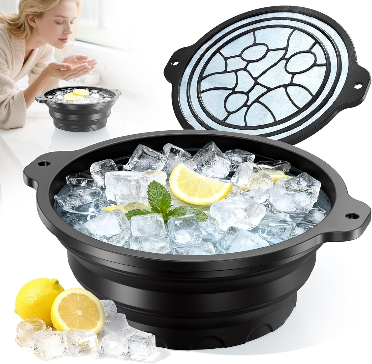 Dtuoen collapsible face bowl for ice front view showing black silicone structure