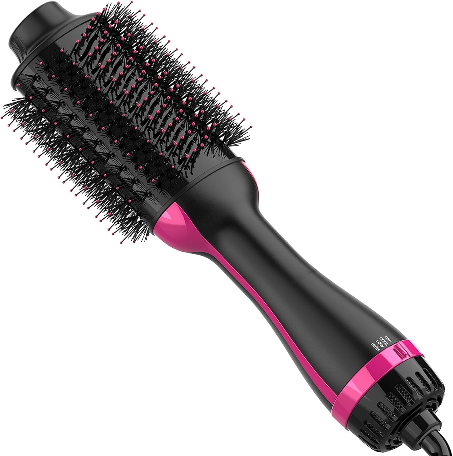 Dimecano 4 in 1 hair dryer brush front view showing the black and pink styling barrel