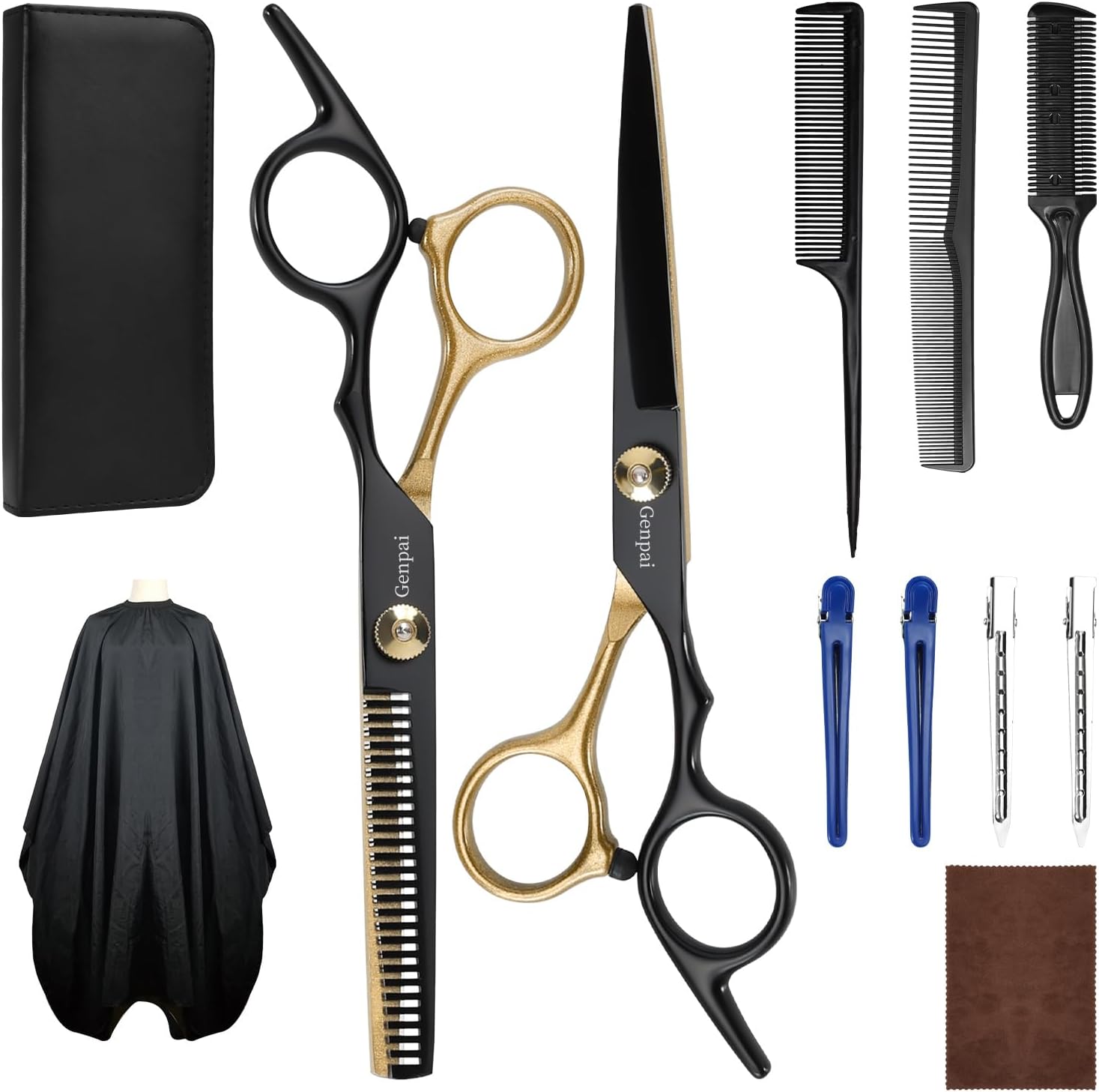 WFOEJEJ Genpai professional hair cutting scissors kit front view showing the premium black and gold straight shears and thinning scissors.