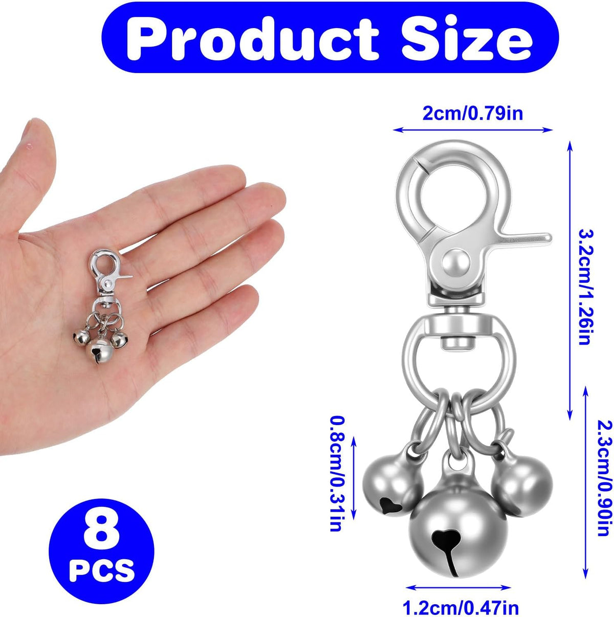 Close up look at the chrome plated metal finish of the cobee pet collar bell accessories for tracking dogs and cats