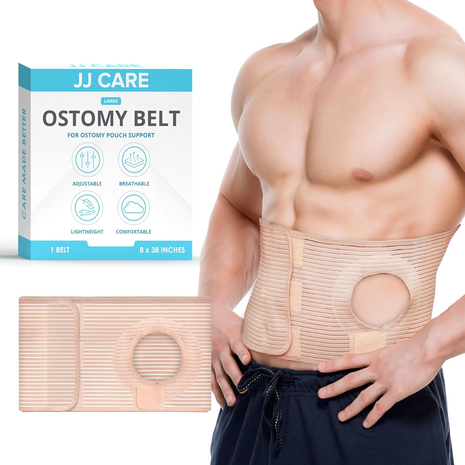 JJ CARE Ostomy Belt Large front view showcasing adjustable beige fabric wrap and stoma opening.