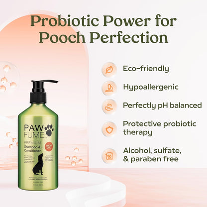 Hypoallergenic probiotic dog shampoo bottle close up highlighting deshedding and detangling benefits